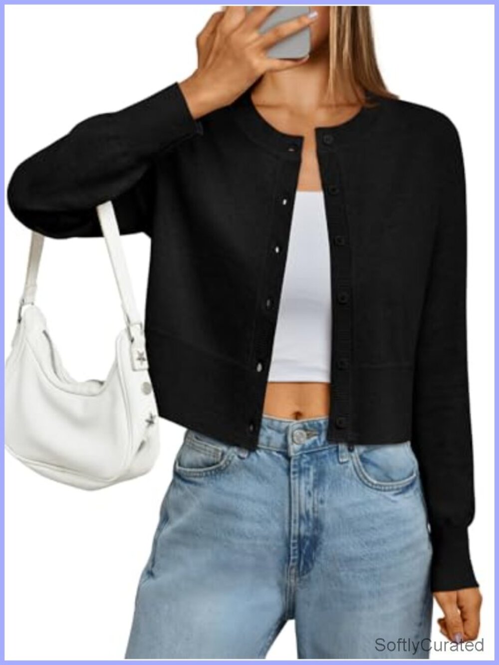 LILLUSORY Cropped Lightweight Cardigan Sweater Women Button Crew Neck